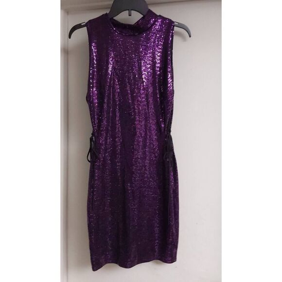 NWOT~Eggplant Purple & Black Glitter Side Cut Out Party Mini Dress Sz Large - Picture 1 of 3